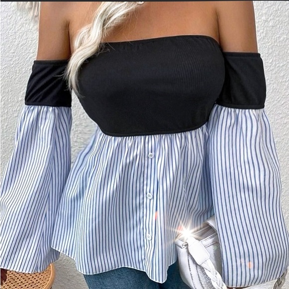 Off Shoulder Bell Sleeved Colorblock Top. - Picture 4 of 14